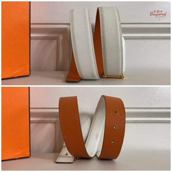 Authentic HERMES 32mm White/Orange Leather H Gold Reversible Buckle Belt 75/30 main image 4